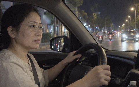Người phụ nữ đeo kính lái ô tô trong phố buổi tối, đèn xe phía trước