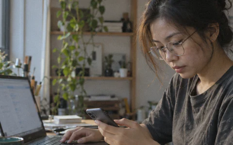Người đeo kính dùng điện thoại bên máy tính xách tay
